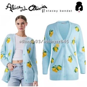 Alice + Olivia “Bradford” lemon embroidered cardigan sweater S